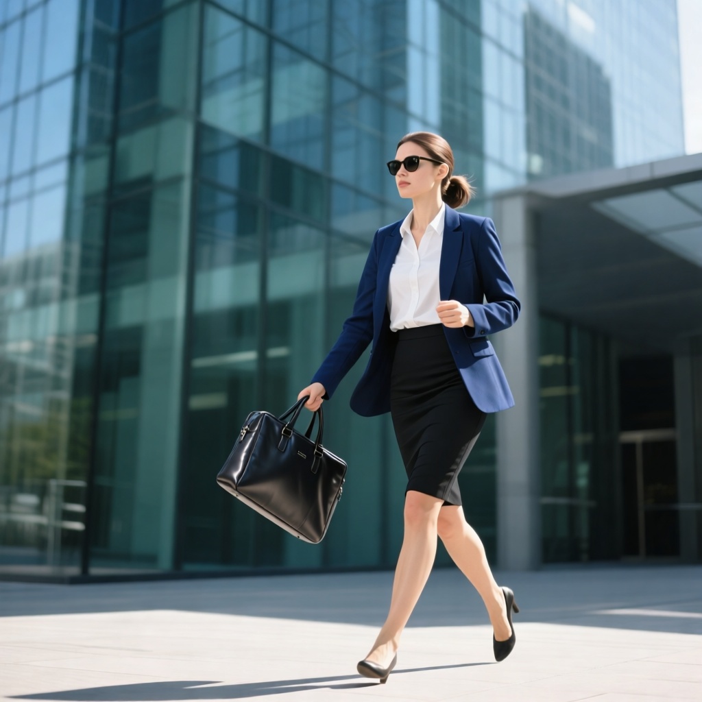 A confident businesswoman mid-stride outside a glass skyscraper in daylight. She's wearing a navy blue blazer over a white blouse, black pencil skirt, and carrying a sleek leather laptop bag. Hair pulled back, sunglasses on, caught mid-walk with a focused expression. Modern architecture background, strong sunlight and shadows, photo-realistic textures.