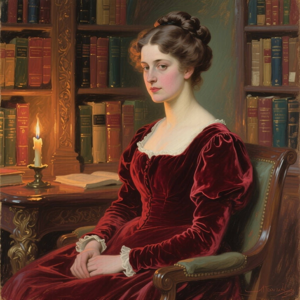 A Victorian noble lady with an elegant updo and a gentle gaze, wearing a deep red velvet dress, sitting in an ornate library. Warm candlelight illuminates her face and the surrounding bookshelves. In the style of John Singer Sargent, classic oil painting, expressive brushstrokes, masterpiece, rich textures.

