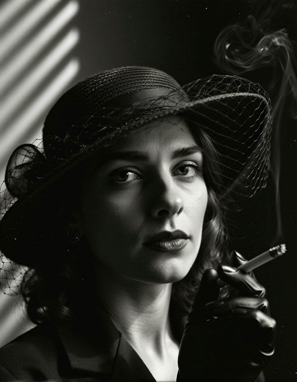 A 1940s black and white film noir portrait. A mysterious woman (femme fatale) wearing a stylish hat with a veil. Her face is half-hidden in deep shadow. Dramatic "Venetian blind" shadows fall across her face and the wall behind her. Smoking a cigarette, smoke curling in the air. High contrast, grainy film texture, mysterious, chiaroscuro lighting.