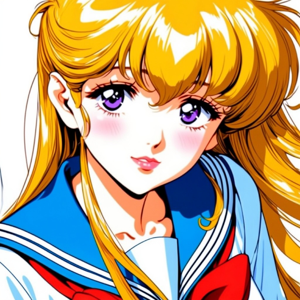 Close-up of a beautiful anime girl with sparkling violet eyes and flowing blonde hair, wearing a sailor school uniform with a red ribbon, gentle blush, soft lighting, classic 90s shoujo anime style, high detail, expressive eyes, delicate line art