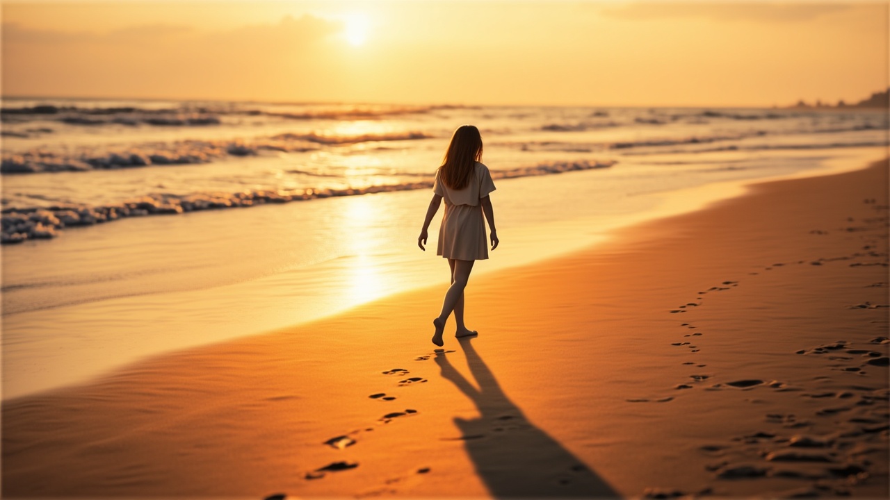 a girl walking alone on a beach at sunset, seen from behind, footprints in the sand, golden light reflecting on the ocean, emotional tone, no face
