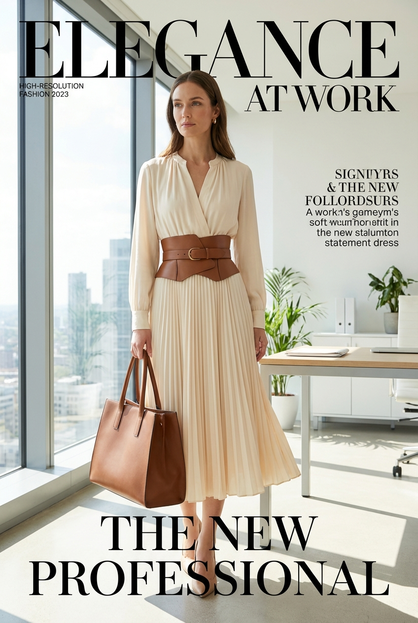 Elegant professional woman in midi dress with structured tote bag in modern workspace