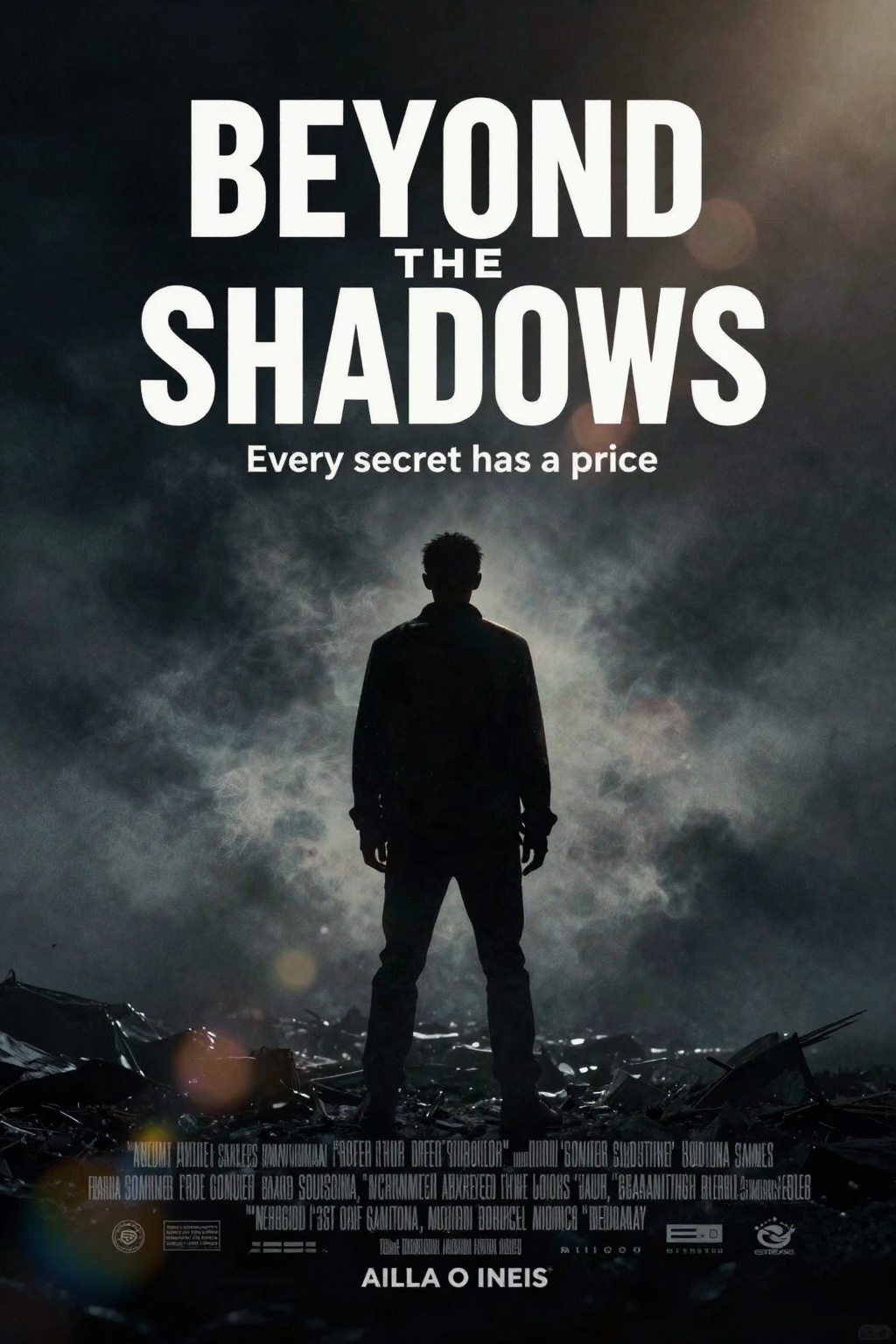 A dramatic cinematic movie poster with dark atmospheric lighting, central silhouette of a lone figure, smoky background, bold large title text “BEYOND THE SHADOWS”, smaller tagline “Every secret has a price”, credit block at bottom, lens flare, professional Hollywood poster style
