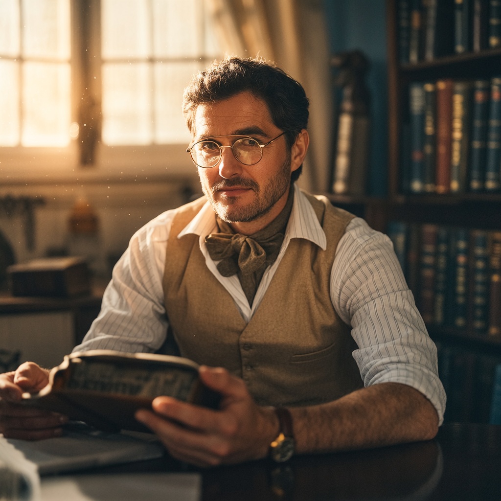 close-up portrait of an elegant 30s man with gold-rimmed glasses, sitting in a vintage study bathed in afternoon sunlight. he is holding a thick old book, looking directly at the camera with a focused gaze. dust particles dancing in the sunbeam. warm and grainy atmosphere, film photography aesthetic, shot on a Leica camera, soft light, visible skin texture, shallow depth of field.