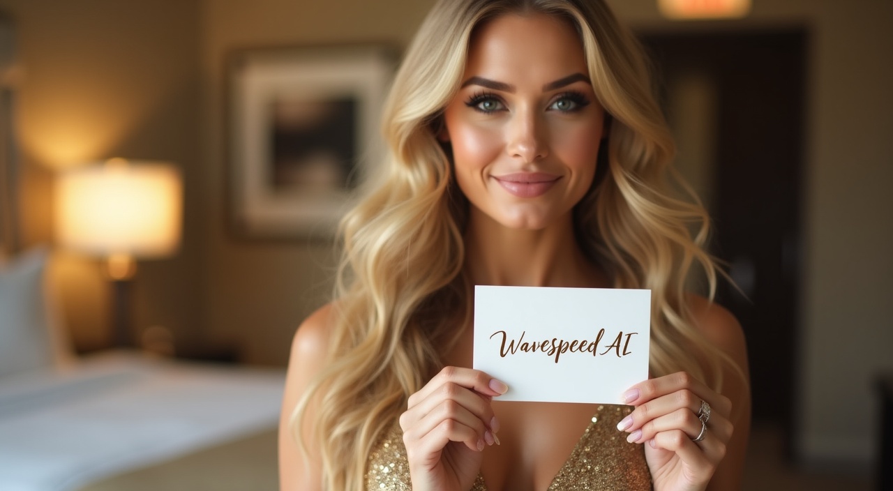 A glamorous young woman with long, wavy blonde hair and smokey eye makeup, posing in a luxury hotel room. She's wearing a sparkly gold cocktail dress and holding up a white card with “WavespeedAI” written on it in elegant calligraphy. Soft, flattering lighting enhances her radiant complexion.