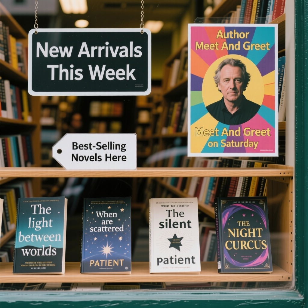 Bookstore window display. A sign displays "New Arrivals This Week". Below, a shelf tag with the text "Best-Selling Novels Here". To the side, a colorful poster advertises "Author Meet And Greet on Saturday" with a central portrait of the author. There are four books on the bookshelf, namely "The light between worlds" "When stars are scattered" "The slient patient" "The night circus"