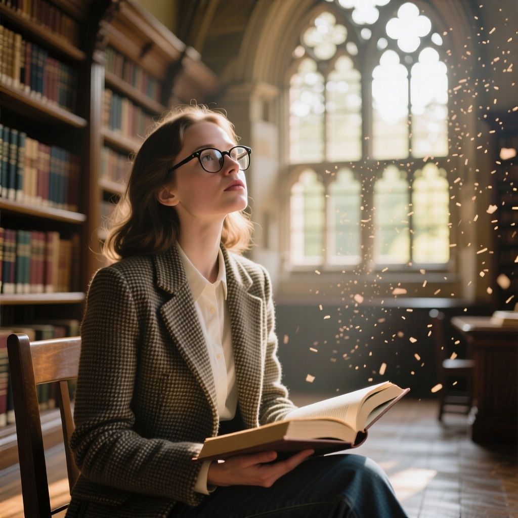 realism, a young scholar with glasses, wearing a tweed blazer, sits in a grand, ancient library. Sunlight streams through a massive arched window, illuminating dust motes dancing in the air. An open book rests on her lap as she looks up thoughtfully. Warm and cozy atmosphere, light academia aesthetic, narrative lighting, photorealistic.