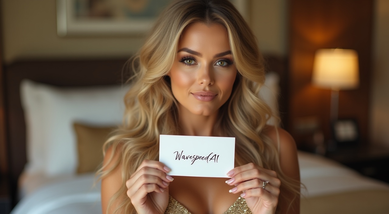 A glamorous young woman with long, wavy blonde hair and smokey eye makeup, posing in a luxury hotel room. She's wearing a sparkly gold cocktail dress and holding up a white card with “WavespeedAI” written on it in elegant calligraphy. Soft, flattering lighting enhances her radiant complexion.