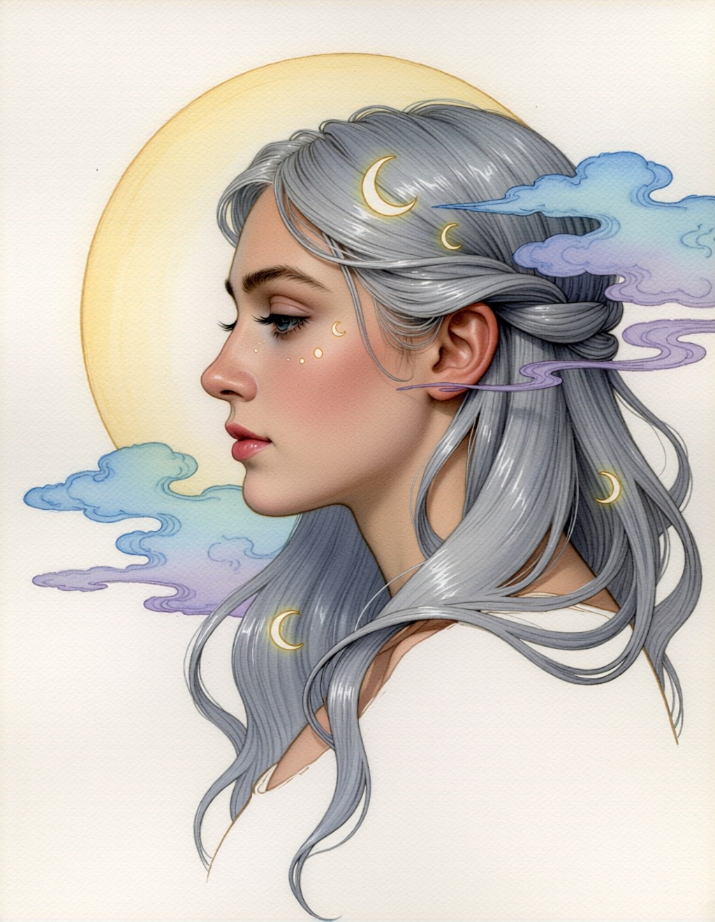 A delicate watercolor portrait of a young woman in profile, her long silver hair flowing and blending with wisps of translucent clouds. Soft moonlight illuminates her face, adorned with tiny, glowing crescent moon symbols. Soft pastel blues and lavenders, elegant flowing lines, a serene and mystical expression. Clean white background, in the Art Nouveau style of Alphonse Mucha.