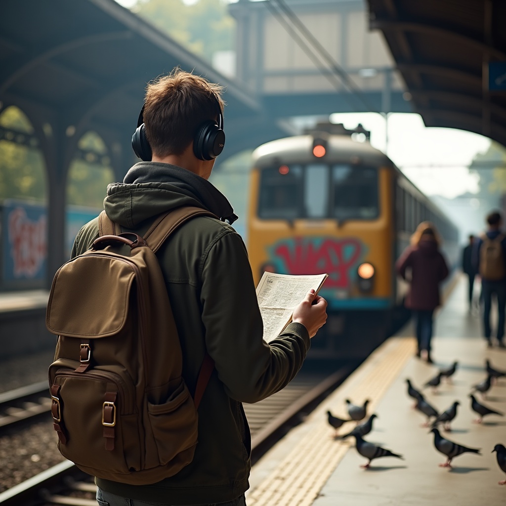 A backpacker in his twenties stands at a railway platform in Lisbon, gazing at an old graffiti-covered train as it pulls in. He wears headphones and carries a weathered map. The station is filled with soft natural light, pigeons fly past, and people blur around him. The atmosphere is meditative and sincere—a moment of transition and silent story.