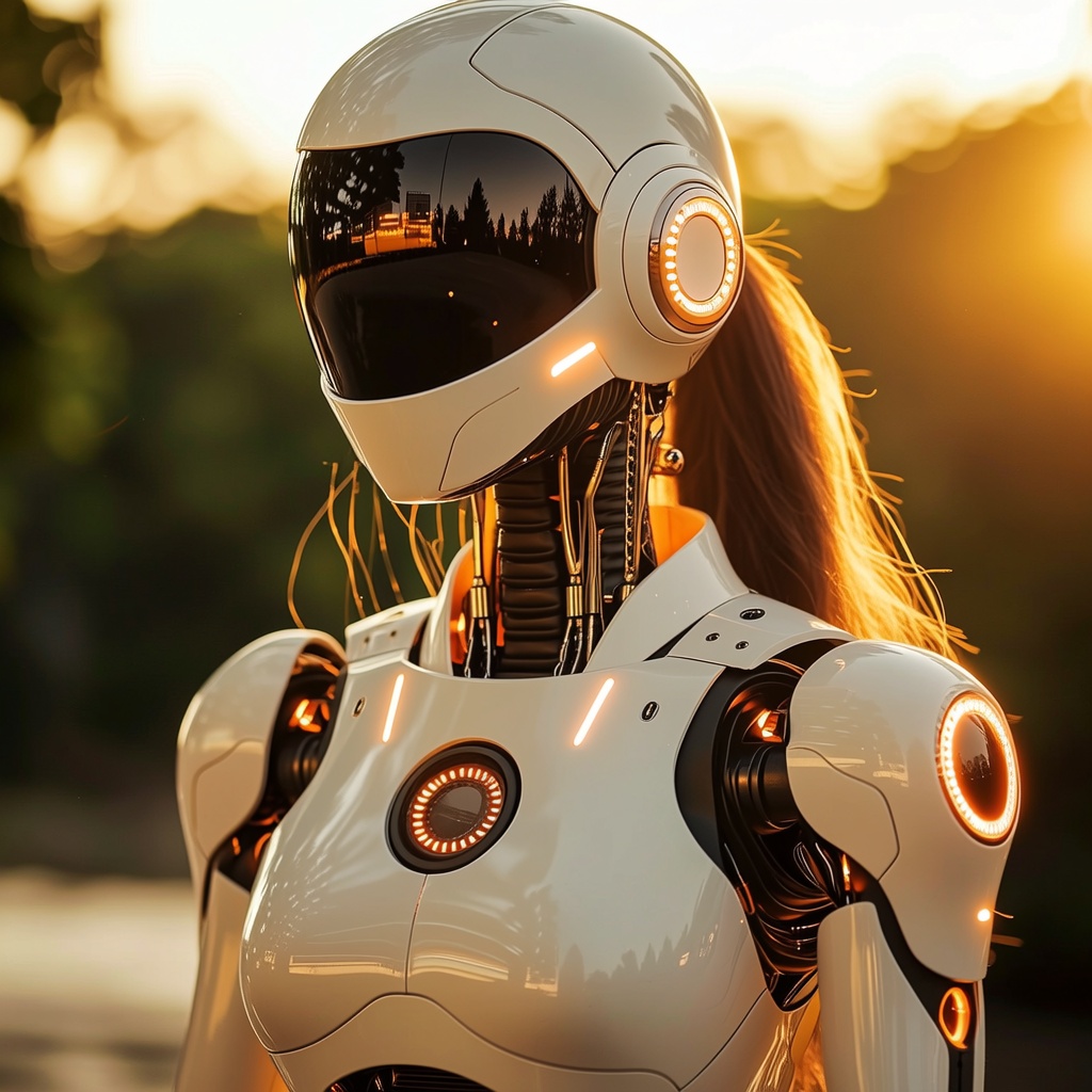 Transform her into a futuristic android with metallic textures, LED patterns, and sci-fi background