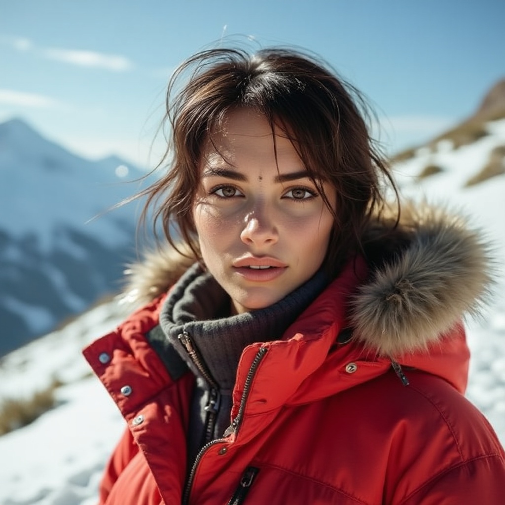 Super Realism, Woman in a red jacket, snowy, in the style of hyper-realistic portraiture, caninecore, mountainous vistas, timeless beauty, palewave, iconic, distinctive noses --ar 72:101 --stylize 750 --v 6