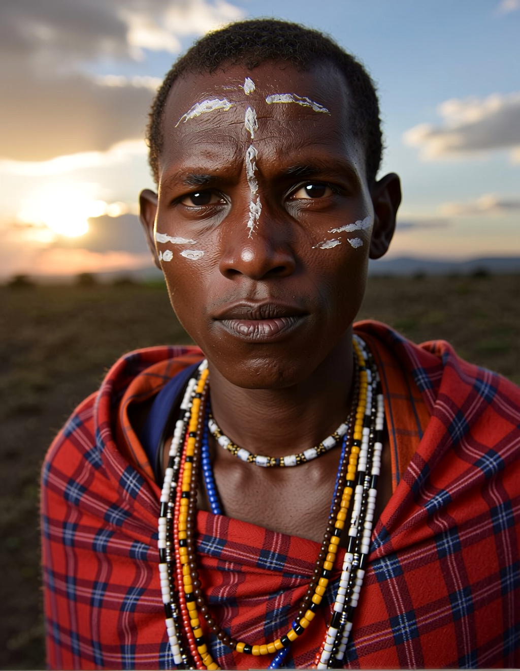 Dignified portrait of a Maasai elder, weathered face with intricate tribal face paint, wearing vibrant red Shúka (cloth) and elaborate beaded necklaces. Standing against the vast, sun-drenched savanna at sunset. National Geographic style, telephoto lens, sharp focus, respectful gaze.