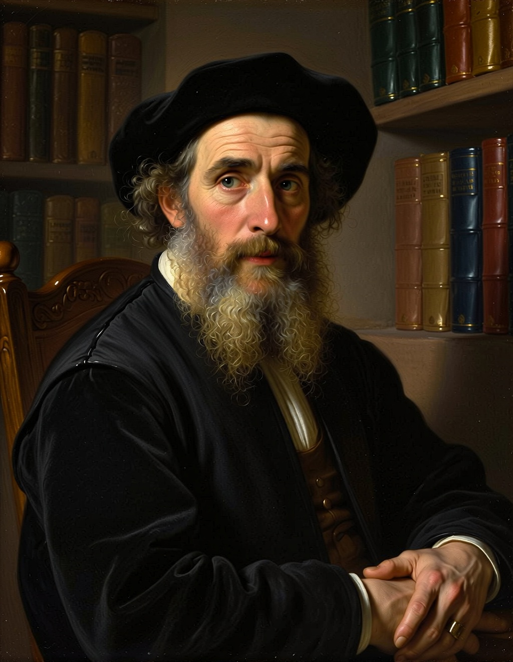 An oil painting portrait in the style of Rembrandt. An old scholar with a long white beard, kind eyes, wearing dark robes, sitting in a dimly lit library. Strong chiaroscuro (light-dark contrast), rich textures, warm tones, masterful brushstrokes, profound expression.