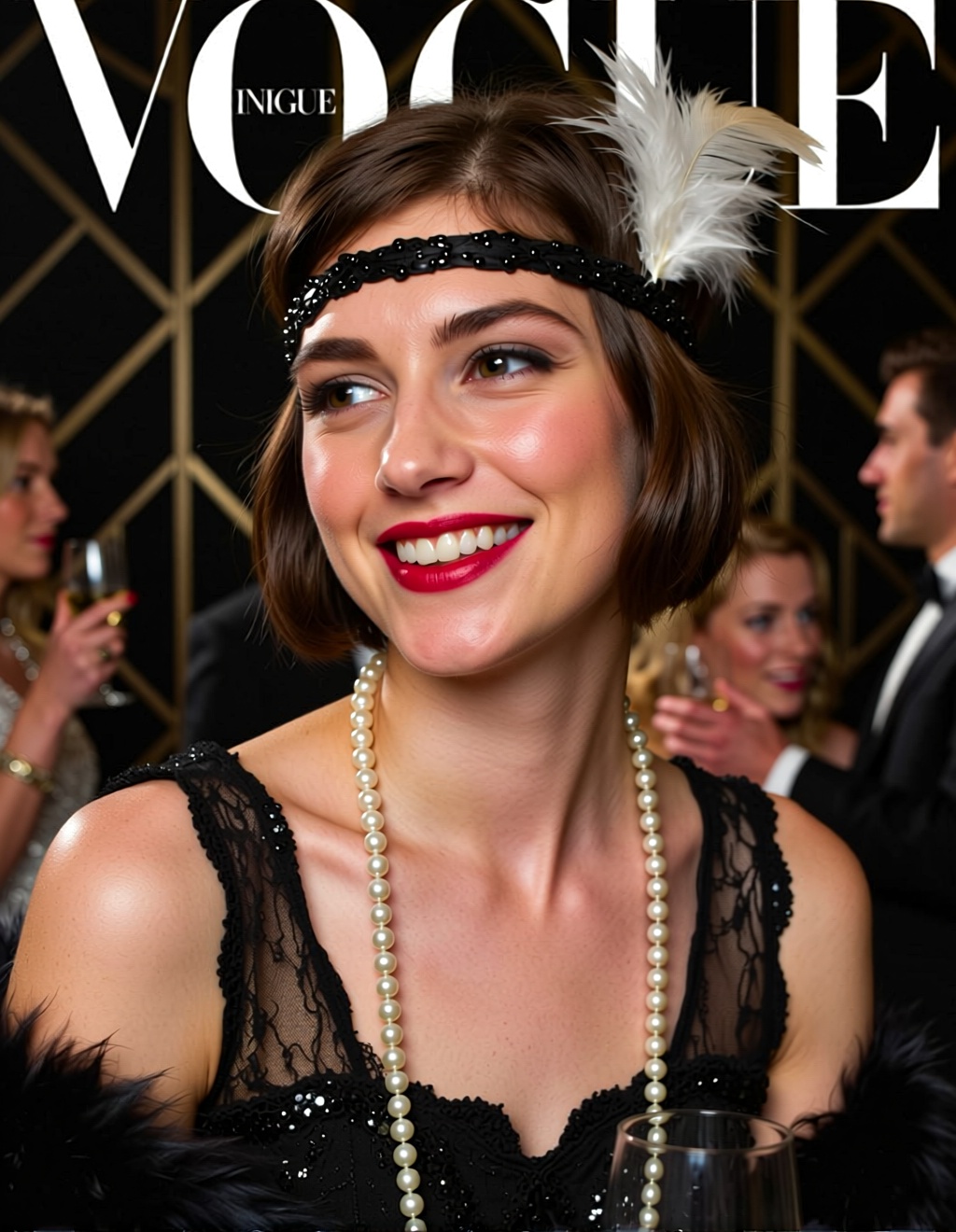 An Art Deco portrait of a 1920s flapper girl. Sharp bob haircut, feathered headband, long pearl necklace. Smirking confidently at a lavish Gatsby-esque party. Geometric patterns in the background. Style of a vintage "Vogue" cover illustration.