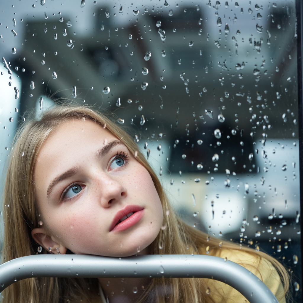 a teenage European girl with long blonde hair and freckles, sitting inside a bus, her cheek resting against the cold window pane, watching the rain drizzle outside, a hint of melancholy and confusion in her eyes, lips slightly parted, reflections and raindrops visible on the window, cool color tone, strong narrative feeling, beautiful bokeh, atmospheric.