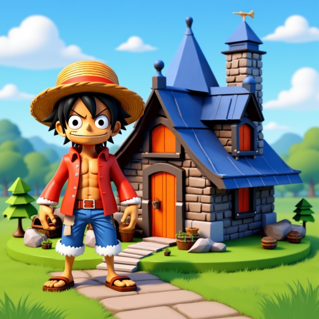 Luffy stands in front of the house.