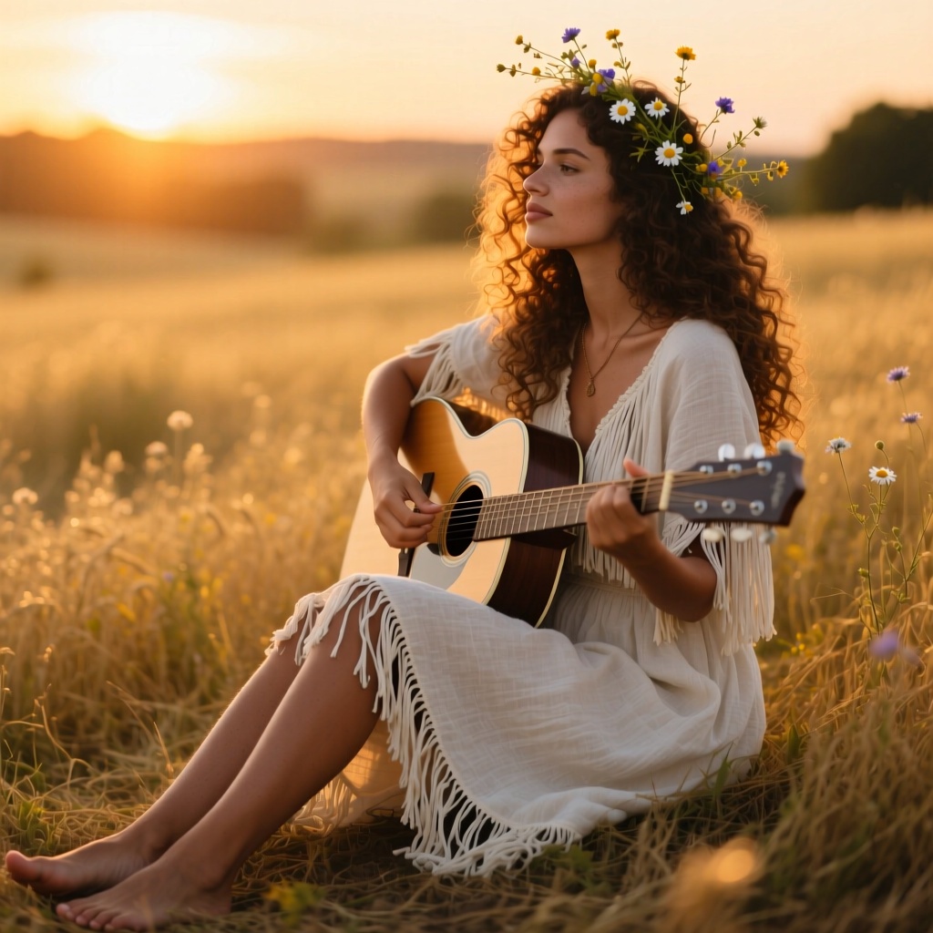 Realism, a woman with healthy tanned skin and natural long curly hair, with a few wildflowers woven into it. She wears a fringed, off-white linen dress and sits barefoot in a golden field at sunset, holding a guitar. The lighting is warm and soft, creating a free-spirited and romantic atmosphere, photorealistic, golden hour lighting.

