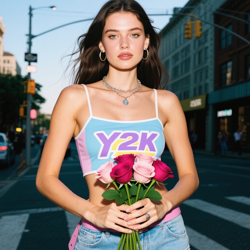 The girl holds a bouquet of roses.