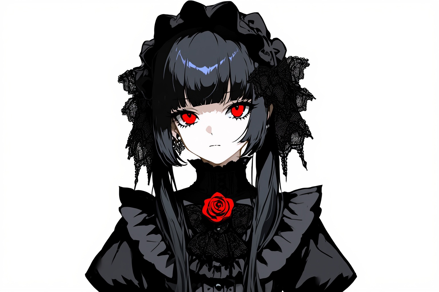 Half-body portrait of a gothic anime girl with pale skin, crimson eyes, long black hair with lace ribbons, wearing a high-collar Victorian dress with ruffles and rose brooch, elegant gothic anime style, sharp shadows, intricate clothing detail