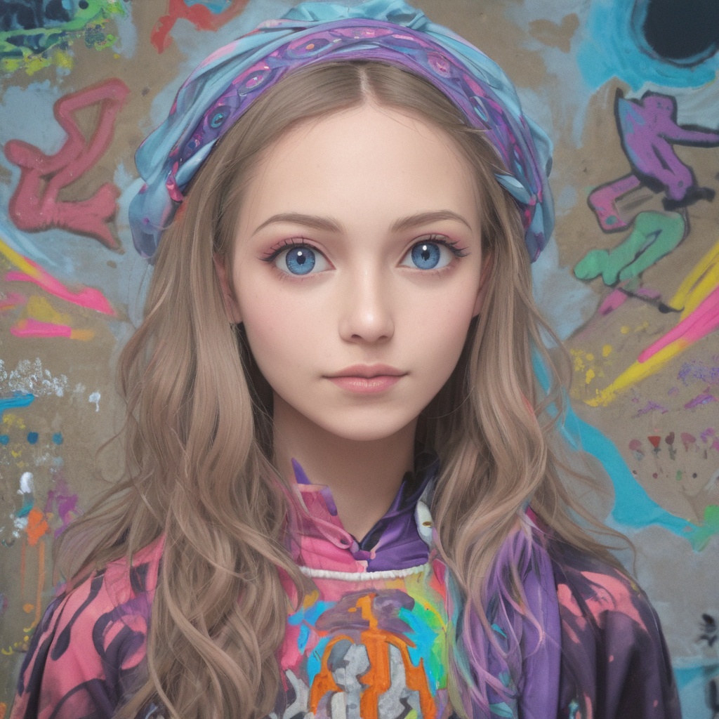 A portrait of a young artist with colorful paint splashes across their face, wearing eccentric bohemian clothing, surrounded by abstract graffiti, vibrant tones, high-contrast artistic photo.