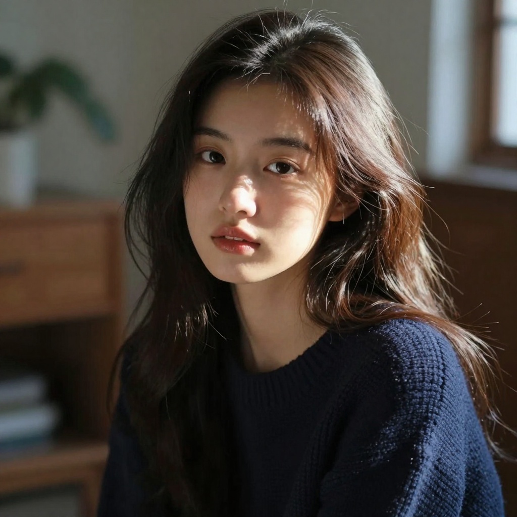 A beautiful young East Asian woman, early 20s, delicate and soft facial features, large expressive eyes with gentle gaze, long slightly messy dark brown hair with natural waves illuminated by warm golden sunlight, subtle lip gloss, wearing a thick dark navy blue knit sweater, cozy and soft texture, half body portrait, dramatic natural window light from the side casting soft shadows across her face, rim lighting on hair, warm and cold light contrast, cinematic atmosphere, indoor setting with blurred wooden furniture and plants in the background, shallow depth of field, bokeh, highly detailed skin texture, realistic pores and fine hair, soft film grain, moody and intimate vibe, shot on Fujifilm Pro 400H or Portra 800 color palette, 85mm lens, f/1.8, photorealistic, masterpiece, 8k, ultra-realistic, best quality, extremely detailed - 画像 1