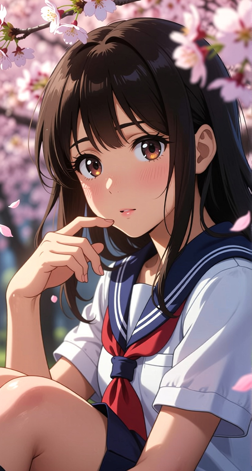 A beautiful anime girl sitting under cherry blossoms, soft glowing light, expressive eyes, delicate hair strands, cinematic composition, Makoto Shinkai style, pastel tones, high detail.