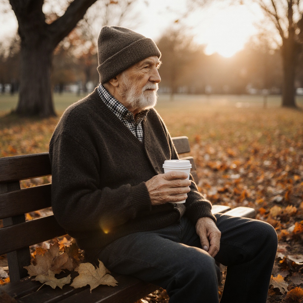 An elderly man sitting alone on a wooden bench in a quiet park at sunrise. He wears a wool cardigan over a flannel shirt, a knit beanie, and holds a paper cup of coffee. Fallen autumn leaves surround his feet, soft morning light on his face.