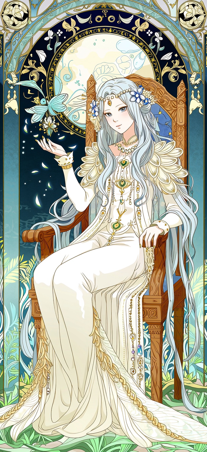 Envision an ethereal and highly decorative portrait of an androgynous Elven Monarch, seated upon a throne carved from living, iridescent wood within a moonlit glade. Their form is framed by the elegant, sinuous 'whiplash' curves characteristic of Art Nouveau. Long, flowing silver hair, intricately braided with glowing flora and pearls, cascades around them. They are adorned in gossamer robes of silk and moonlight, featuring delicate, repeating patterns of lilies and dragonfly wings. Their expression is serene and ancient, with eyes holding a gentle, knowing light. One hand elegantly gestures, causing magical, opalescent petals to swirl in the air. The background is a flat, decorative tapestry of intertwined vines, stylized trees, and celestial motifs, rendered in a soft palette of muted lavenders, sage greens, and creamy golds, with intricate gold leaf detailing. The entire composition is a harmonious symphony of organic forms and graceful lines, celebrating beauty, nature, and magic with the quintessential elegance of the Art Nouveau masters.


