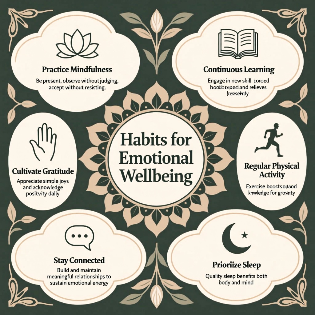 A slide featuring artistic, decorative shapes framing neatly arranged textual information styled as  an elegant infographic. At the very center, the title "Habits for Emotional Wellbeing" appears clearly, surrounded by a symmetrical floral pattern. On the left upper section, "Practice Mindfulness" appears next to a minimalist lotus flower icon, with the short sentence, "Be present, observe without judging, accept without resisting". Next, moving downward, "Cultivate Gratitude" is written near an open hand illustration, along with the line, "Appreciate simple joys and acknowledge positivity daily". Further down, towards bottom-left, "Stay Connected" accompanied by a minimalistic chat bubble icon reads "Build and maintain meaningful relationships to sustain emotional energy". At bottom right corner, "Prioritize Sleep" is depicted next to a crescent moon illustration, accompanied by the text "Quality sleep benefits both body and mind". Moving upward along the right side, "Regular Physical Activity" is near a jogging runner icon, stating: "Exercise boosts mood and relieves anxiety". Finally, at the top right side, appears "Continuous Learning" paired with a book icon, stating "Engage in new skill and knowledge for growth". The slide layout beautifully balances clarity and artistry, guiding the viewers naturally along each text segment.
