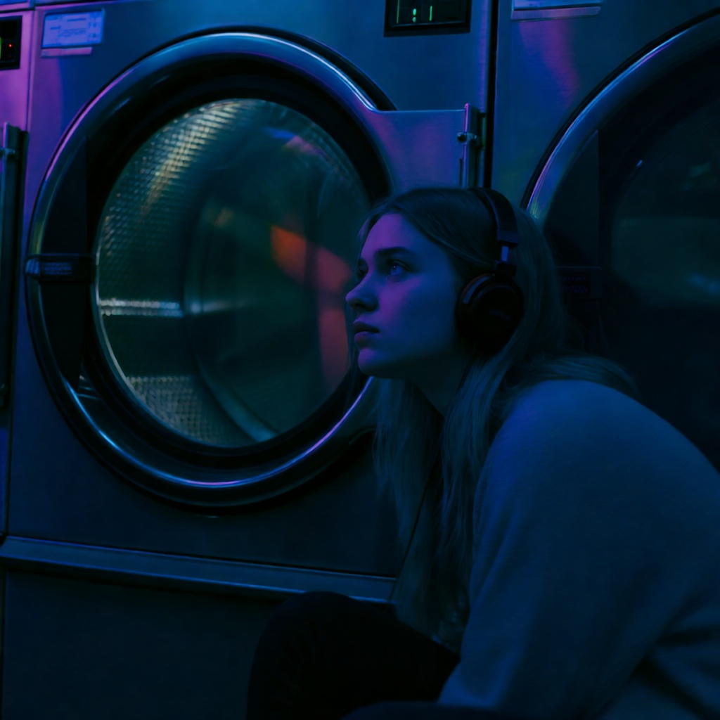 A young woman sitting alone in a laundromat at midnight, wearing headphones, staring at the rotating dryer drum, neon reflections on the glass, subtle expression of nostalgia on her face