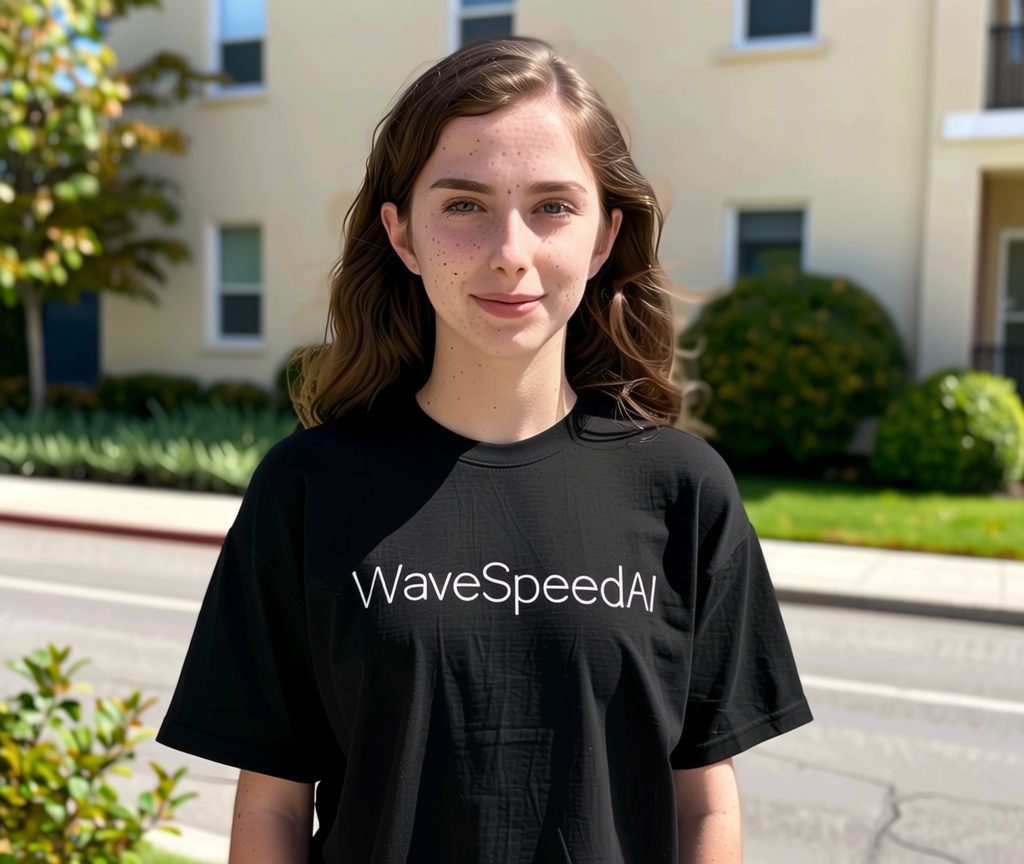 A young woman wearing a black T-shirt with the word "WaveSpeedAI" printed on the front in modern white font