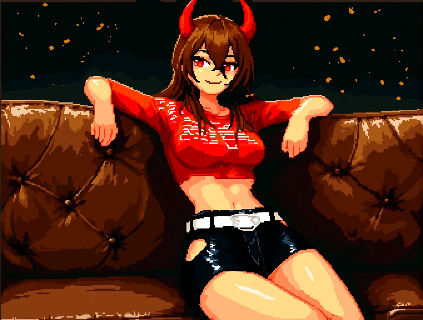 pixel art, 16 bit,Ambient moving comic illustration depicting a young woman with long brown hair and red eyes, lazily leaning on a vintage brown leather couch. She has two striking red devil horns on her head, adding to the supernatural and rebellious vibe. The image is a center shot showing her upper body and legs, her body leaning back with a confident and slightly teasing expression. She is wearing a short red monogrammed top and black high-waisted shorts with a white belt. The lighting is warm and dramatic, with soft highlights and dark shadows emphasizing the texture of the leather and skin. The background is dark and painterly with subtle gold flecks to create an intimate, moody atmosphere. The painting style is semi-realistic, with expressive brushstrokes that emphasize the character's attitude and vibe, giving the overall impression of cool confidence and mystery.