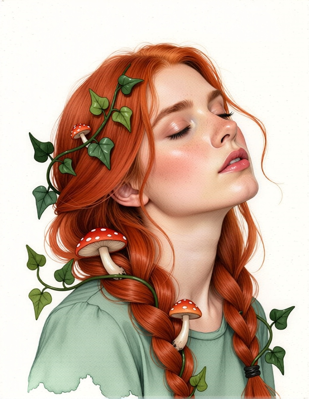 An ethereal watercolor portrait of a red-haired woman, eyes closed, face tilted up. Delicate green ivy and tiny mushrooms are woven into her braided hair. Soft, earthy pastels (moss green, terracotta), translucent washes, fine ink outlines. A peaceful, listening expression, as if hearing the forest. Isolated on a white background, whimsical Art Nouveau illustration.