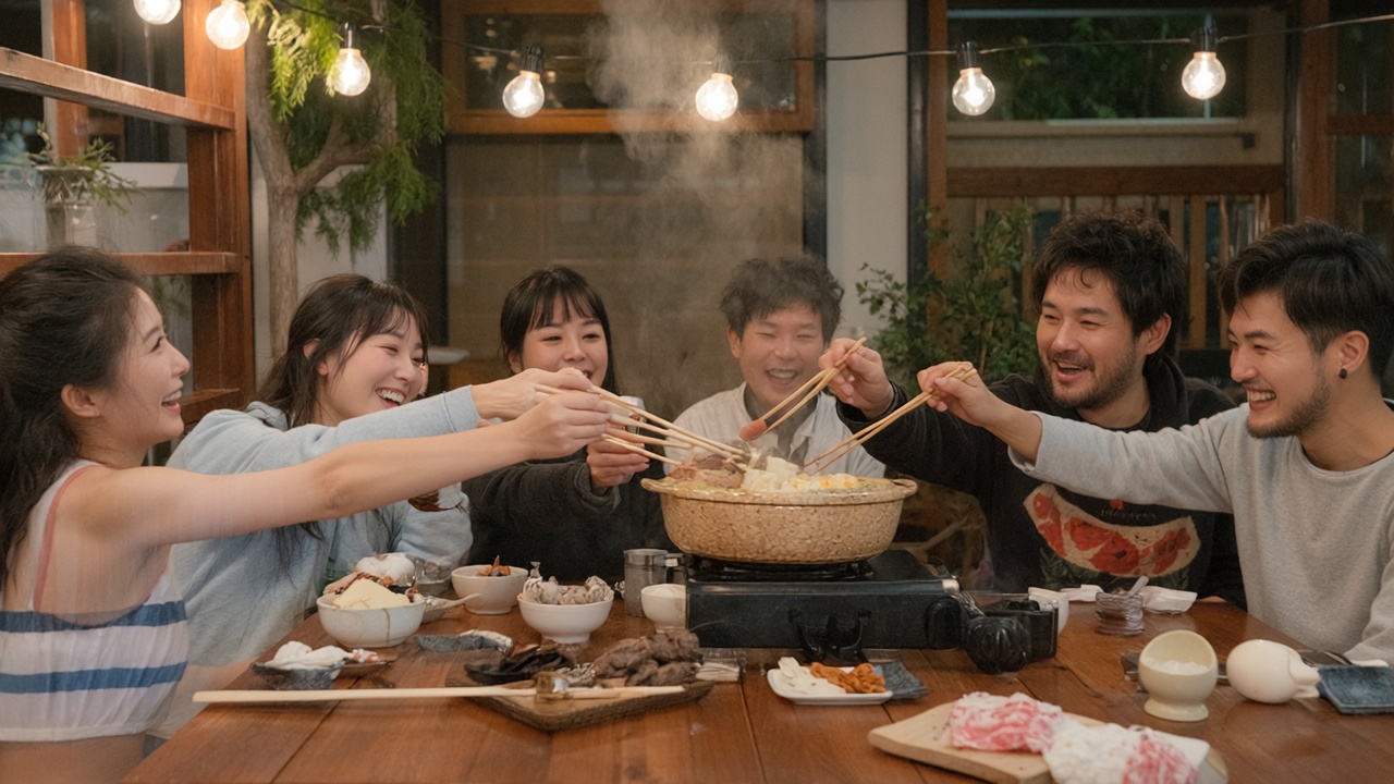 An atmospheric and deeply heartwarming photograph celebrating friendship and communal joy, masterpiece, (photorealistic:1.3), ultra-detailed, 8K. A diverse group of 4-5 friends in their early 30s are gathered around a low table on the 'engawa' (wooden veranda) of a traditional Tokyo house on a cool evening. A string of warm, glowing Edison bulbs is strung up above them. In the center of the table, a communal pot of sukiyaki (hot pot) is simmering, sending up inviting clouds of steam, revealing tofu, shiitake mushrooms, and marbled beef. Everyone is engaged, either reaching with chopsticks into the pot or raising their glasses in a toast, their faces illuminated with genuine laughter and relaxed happiness. One woman is seen affectionately placing a piece of food into her friend's bowl. The scene is warmly lit by the steam from the hot pot and the overhead string lights, casting a soft, flattering glow on everyone and creating an atmosphere of intimate, cozy camaraderie.
