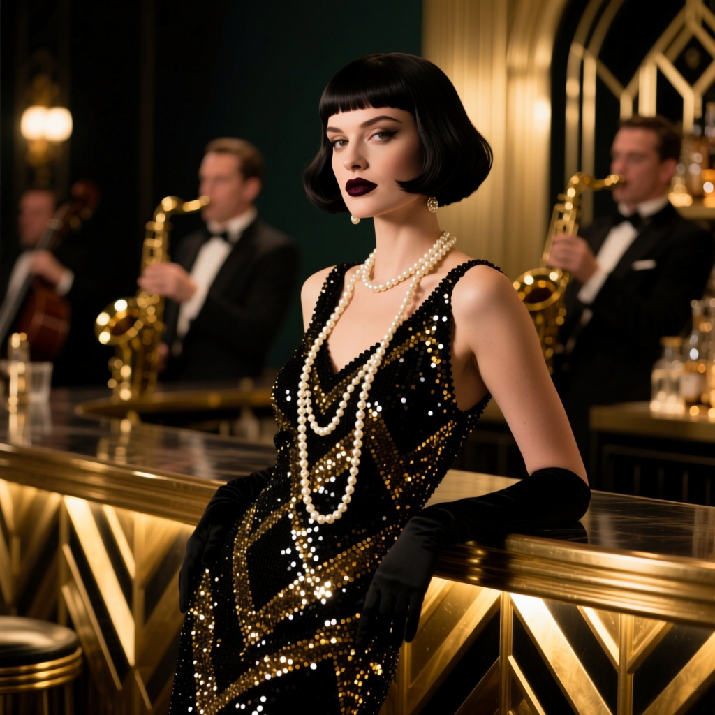 A glamorous woman with a sharp bob haircut and dark lipstick. She is dressed in a stunning black and gold sequined flapper dress with long pearls. She leans against a gilded Art Deco bar, with a jazz band softly blurred in the background. Sophisticated, low-key lighting creates a luxurious and intimate mood, Great Gatsby era, glamorous, geometric patterns.

