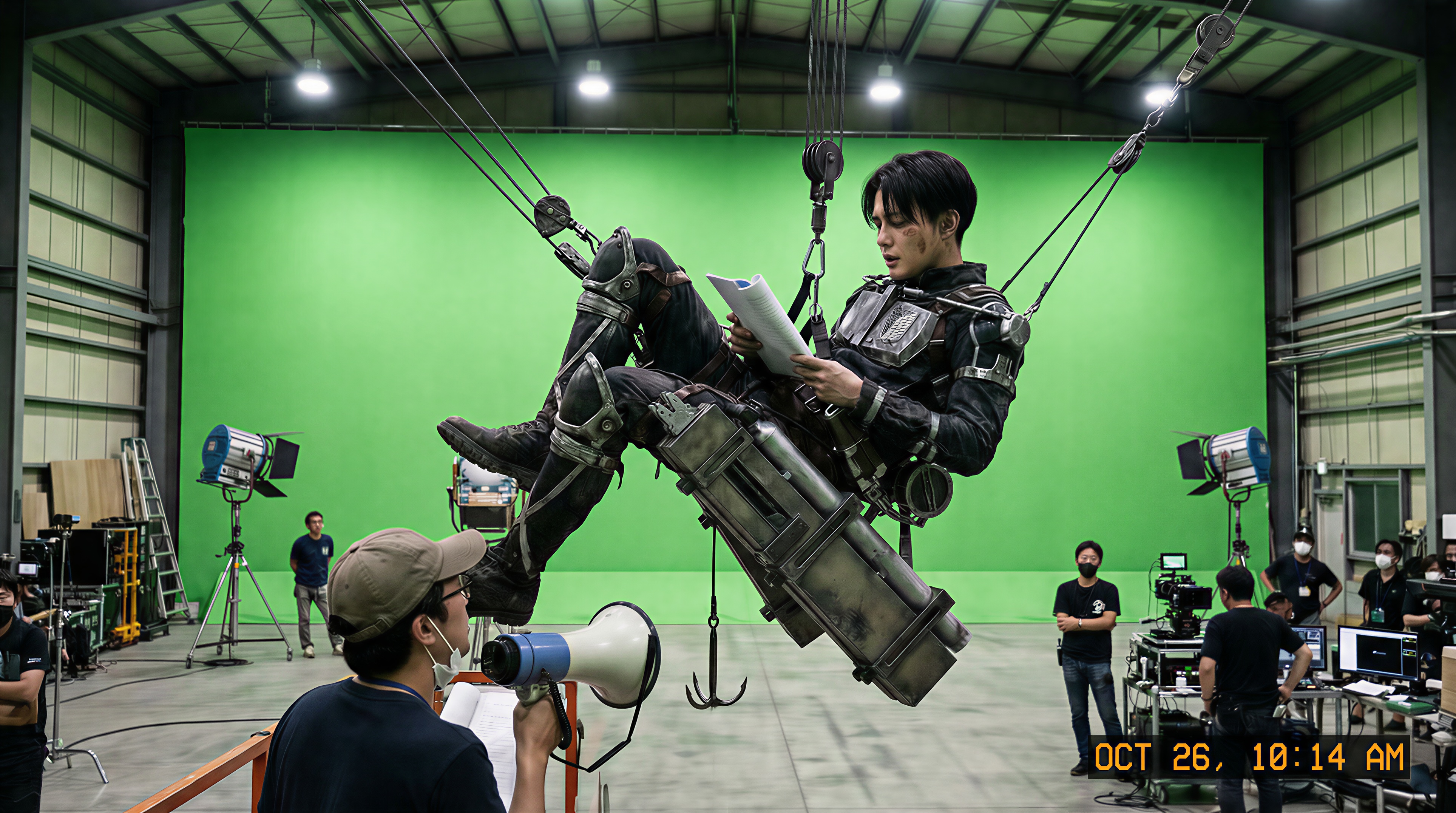 On-set documentary photo of filming a flying sequence. The actor playing Levi Ackerman is hanging upside down mid-air, suspended by a complex wire rigging harness against a gigantic green screen wall. He looks bored and is talking to the director down below. His ODM gear looks heavy, metallic, and weathered, with gas tanks and spare blades. Thick cables are visible attached to his waist. Industrial film lighting.