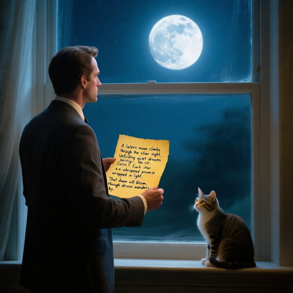 A man in a suit is standing in front of the window, looking at the bright moon outside the window. The man is holding a yellowed paper with handwritten words on it: "A lantern moon climbs through the silver night, Unfurling quiet dreams across the sky, Each star a whispered promise wrapped in light, That dawn will bloom, though darkness wanders by." There is a cute cat on the windowsill.