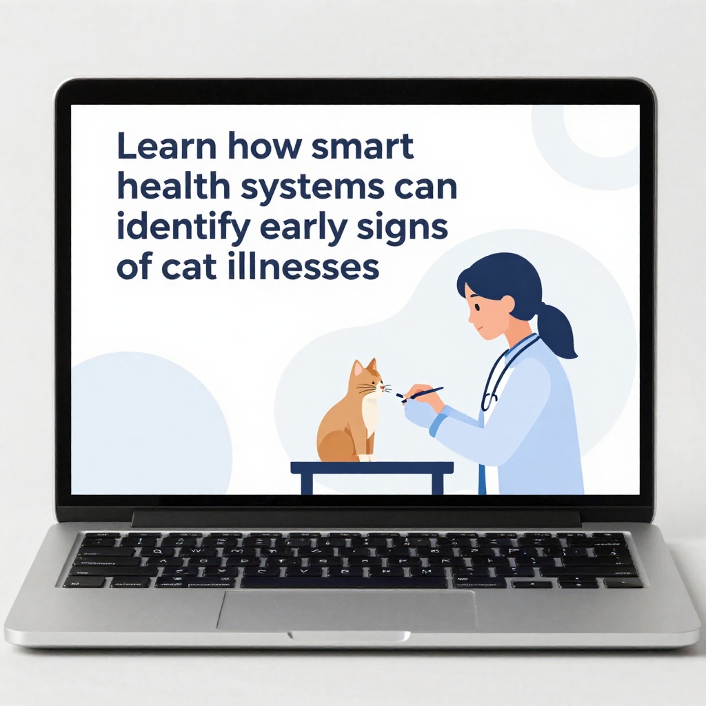 主人在家中观察猫咪健康,身旁有智能健康监测设备的温馨场景