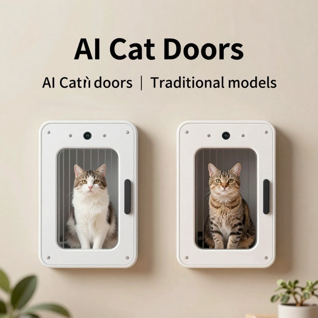 AI Cat Door installed on a wooden door in a cozy living room with a curious cat