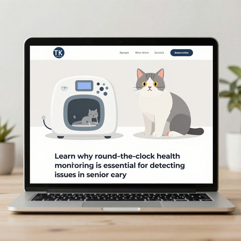 Elderly cat with monitoring tech in a cozy home