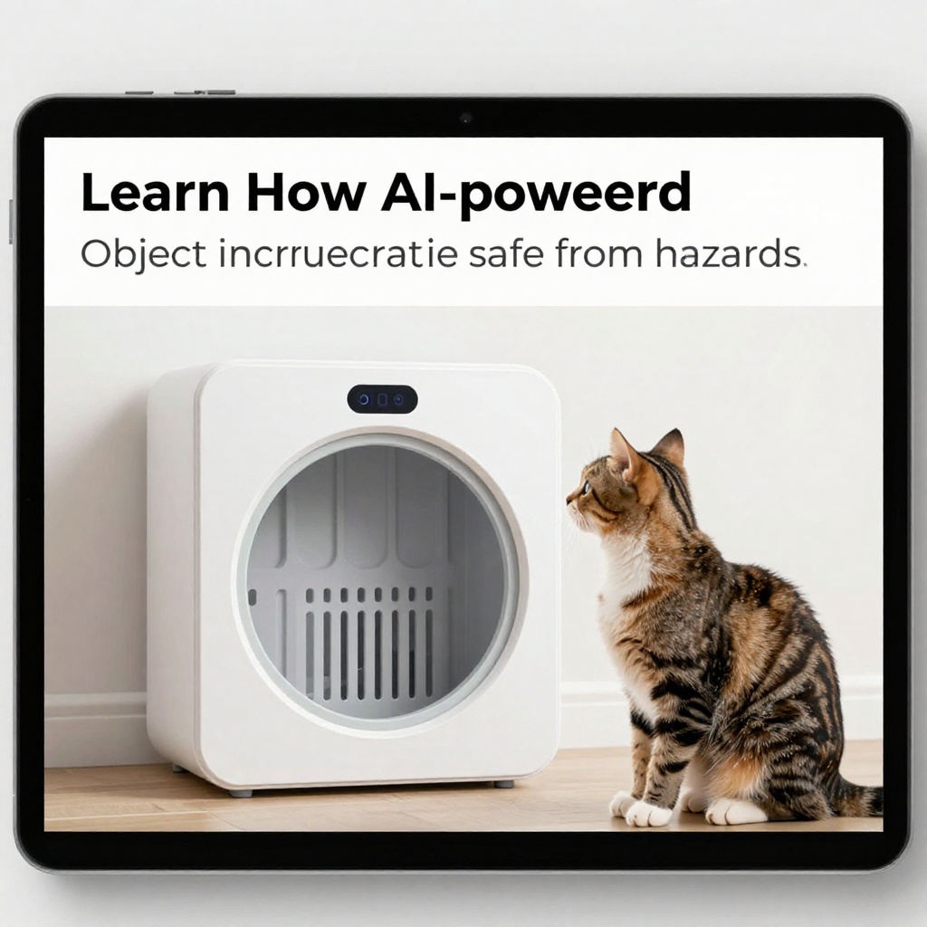 安装在木门上的现代AI猫门,猫咪从内进入,墙上显示健康数据的平板等智能家居元素