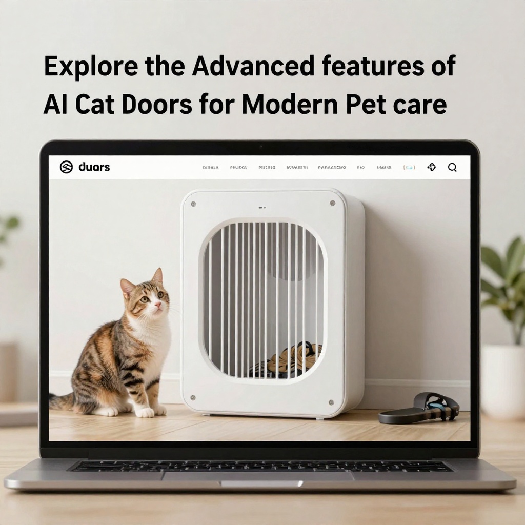 现代风格的AI猫门安装在门上,猫咪使用中,屏幕显示健康数据