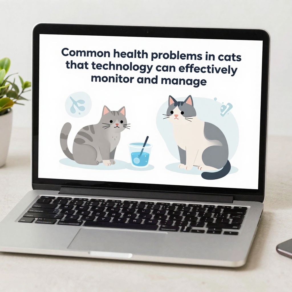 Chat heureux près d’une porte pour chat IA et d’un tableau de données santé